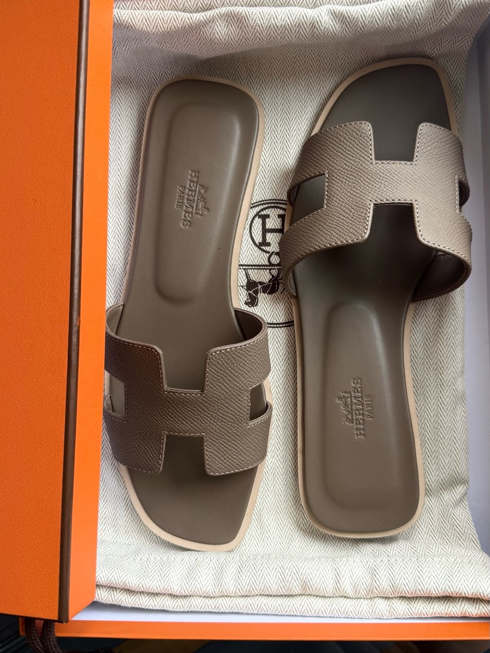 Hermes Brown Epsom Oran Slide Sandals